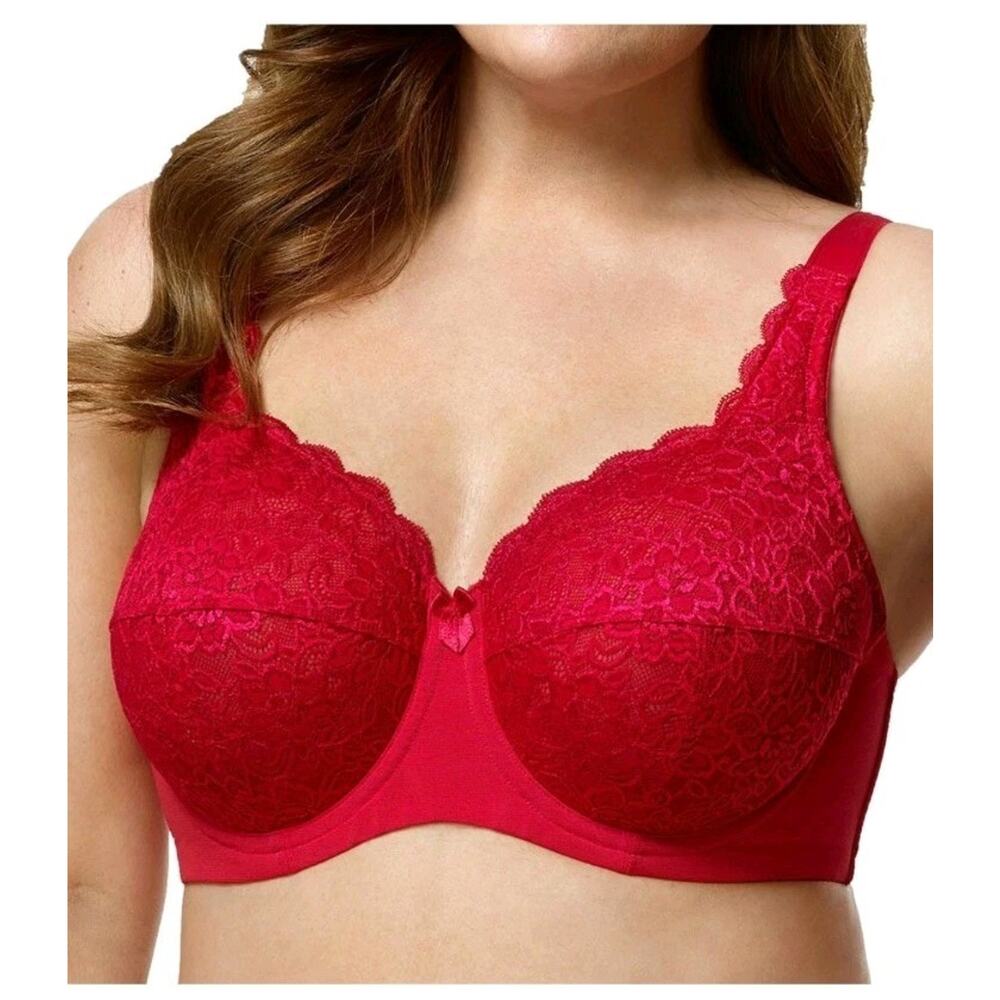 Elila 2311 Full Coverage Stretch Lace Underwire Bra Plus Size 42F Cherry Red